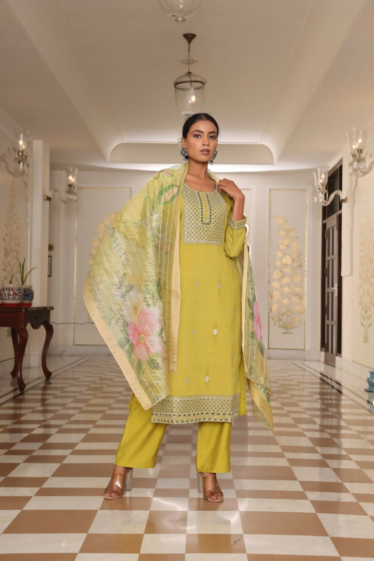 Jyoti Fashion Women's Light Yellow Cotton Silk Floral Print with Embroidered Kurta Set