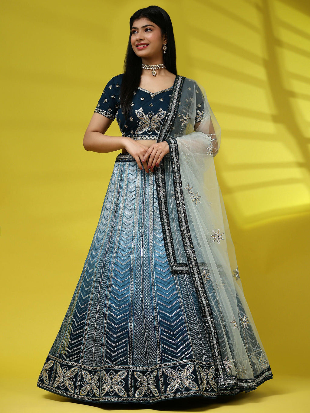 Blue Fancy Net Sequence Embroidered Lehenga Choli with Dupatta - Dhara