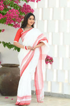 Beatitude White Cotton Zig Zag Border Handloom Saree