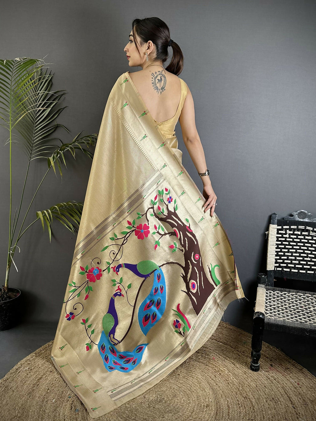 Joban Fashion Ivory Peacock & Floral Motifs Tissue Paithani Saree - Distacart