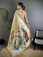 Joban Fashion Ivory Peacock & Floral Motifs Tissue Paithani Saree - Distacart