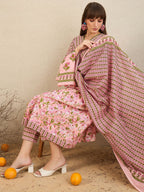 Indo Era Floral Printed Empire Pure Cotton A-Line Kurta With Trousers & Dupatta - Distacart