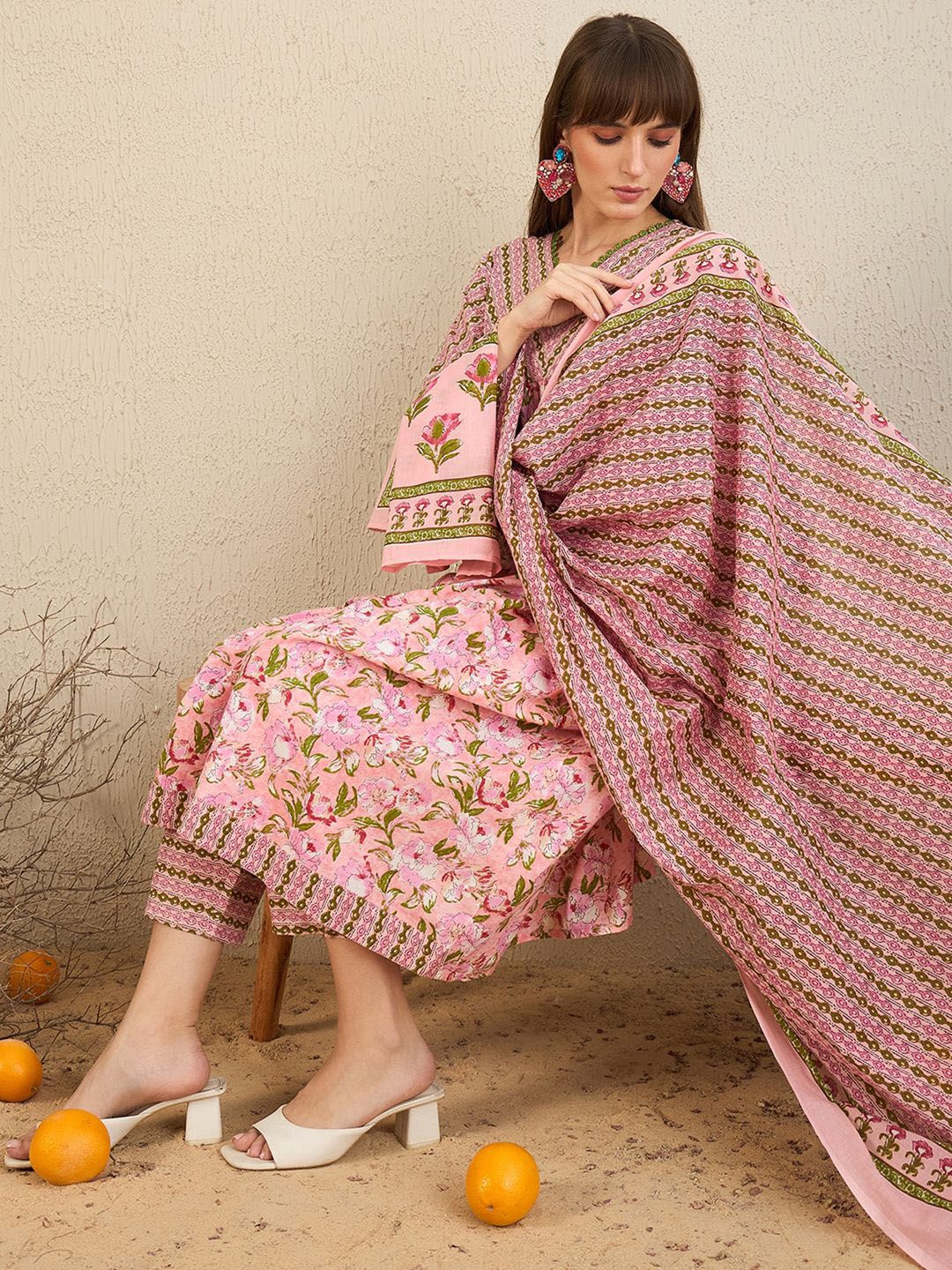 Indo Era Floral Printed Empire Pure Cotton A-Line Kurta With Trousers & Dupatta - Distacart