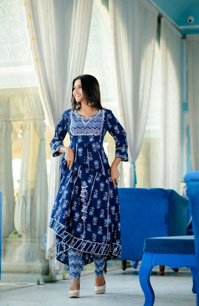 Yufta Women Blue Yoke Design Regular Pure Cotton Kurta with Trouser With Dupatta