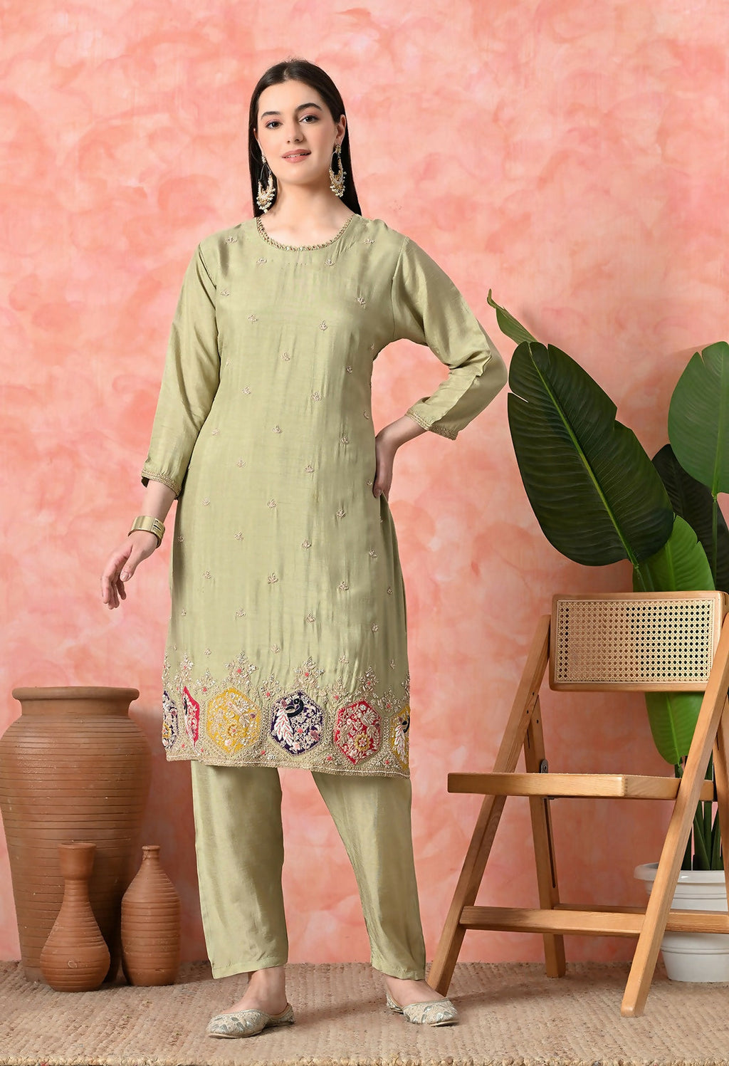 Joban Fashion Light Green Premium Pure Viscose Print Dola With Handwork Kurta Set