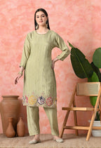 Joban Fashion Light Green Premium Pure Viscose Print Dola With Handwork Kurta Set