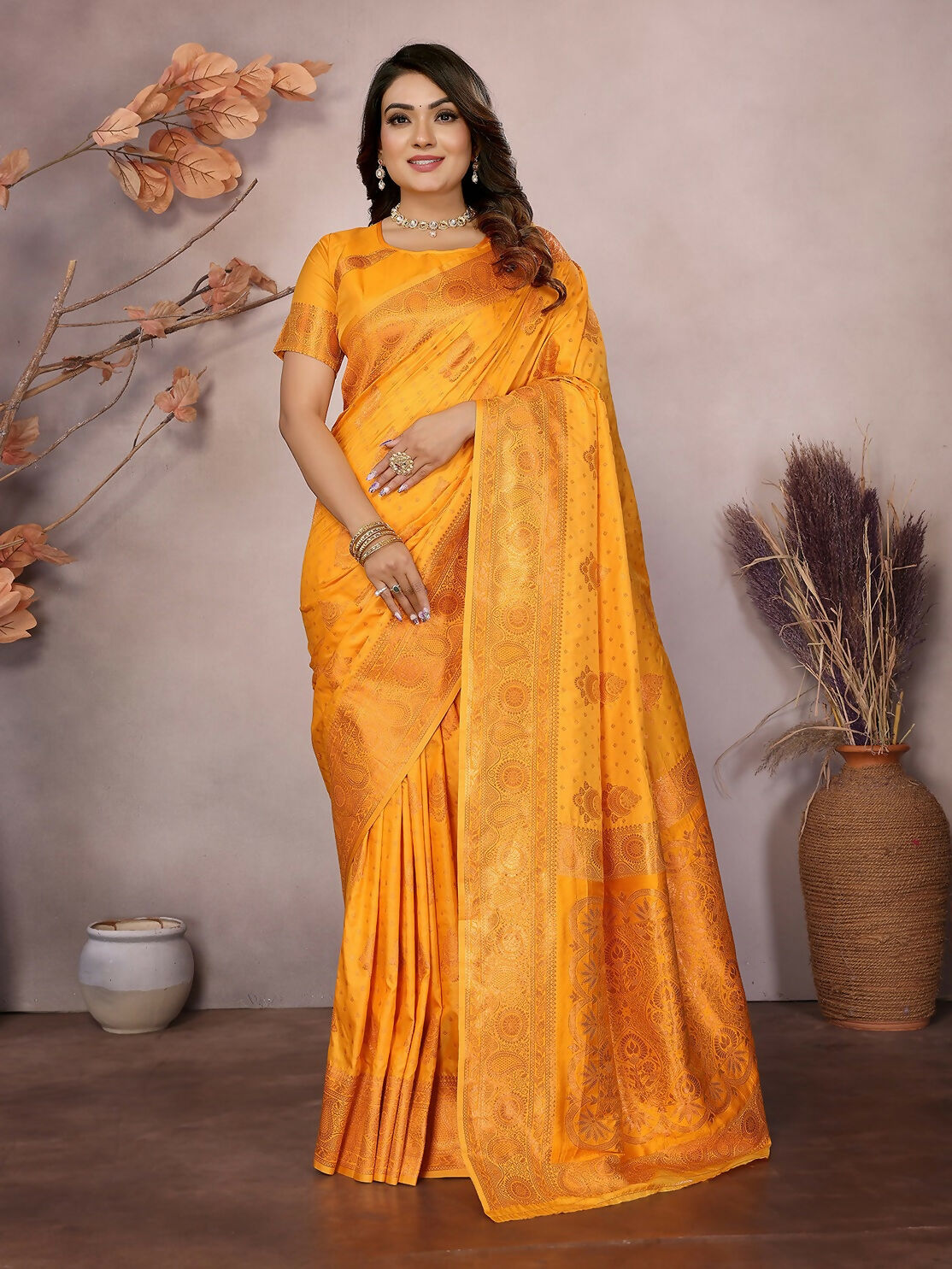Joban Fashion Banarasi Orange Woven Soft Silk Saree - Distacart