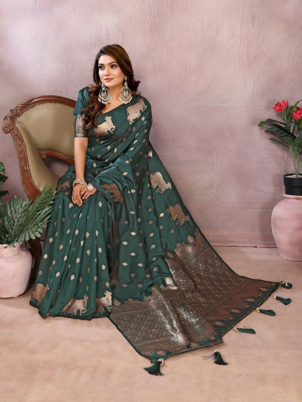 Anaita Dark Green Premium Banarasi Tissue Silk Saree With Gala Weaving Work - Distacart