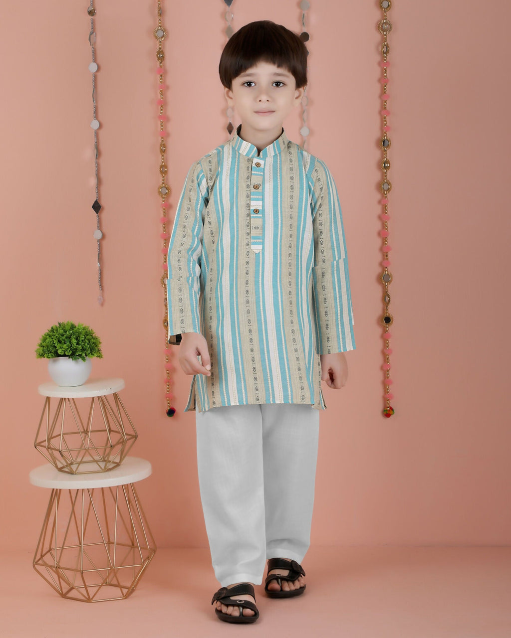 Joban Fashion Kids Island Cotton Full Sleeves Striped Kurta and Pyjama- Blue