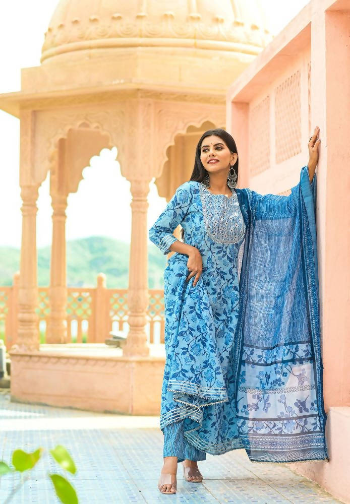 Yufta Women Blue Floral print Pure Cotton Anarkali Kurta with Trouser and Dupatta