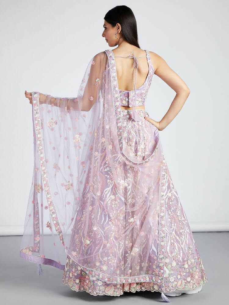 House of Panchhi Mauve Net Sequins And Thread Embroidery Lehenga Choli & Dupatta