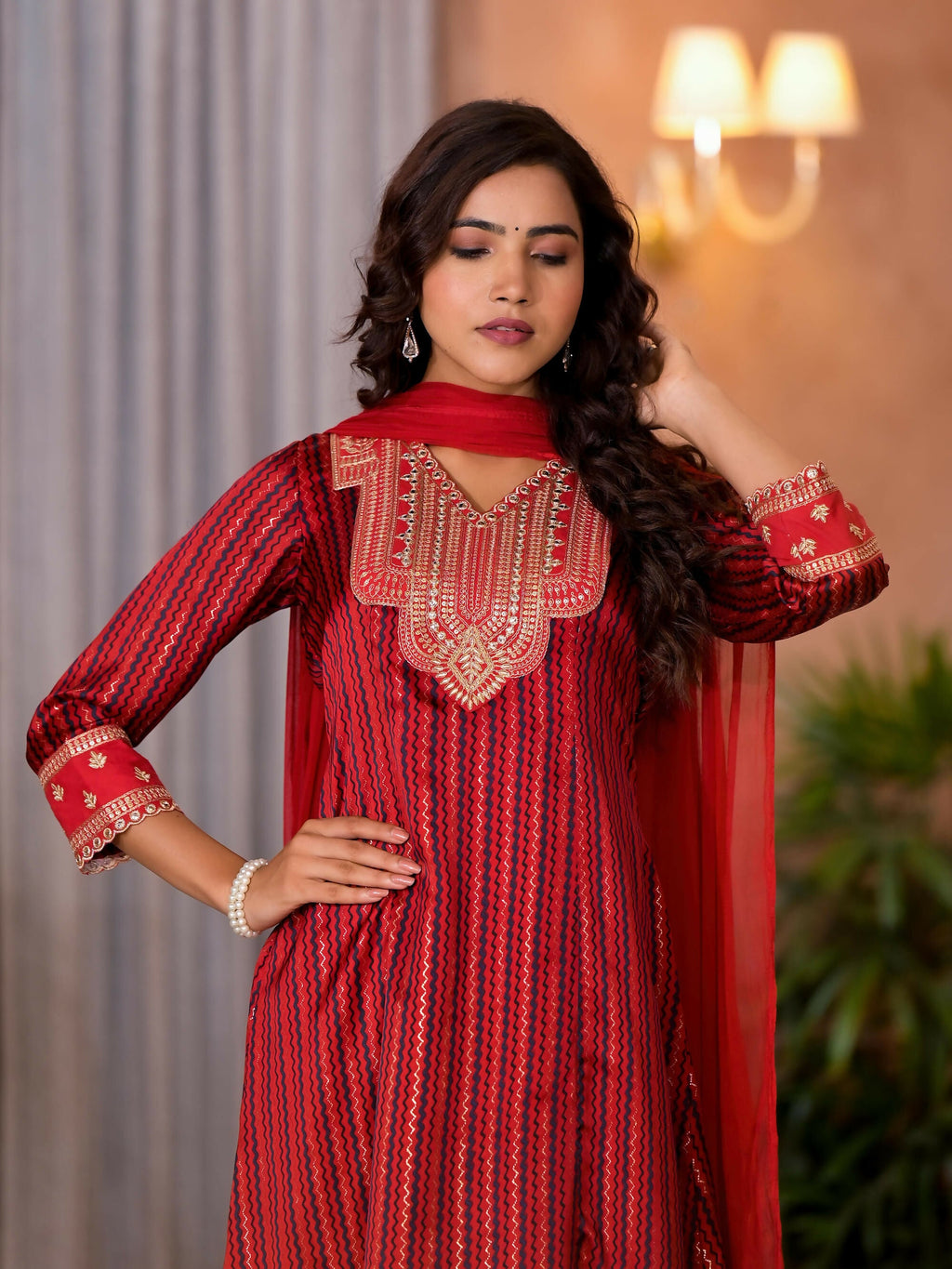 Juniper Women's Red Geometric Printed Satin Asymmetrical Kurta Pant And Dupatta Set With Zari & Mirror Work
