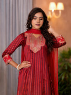 Juniper Women's Red Geometric Printed Satin Asymmetrical Kurta Pant And Dupatta Set With Zari & Mirror Work