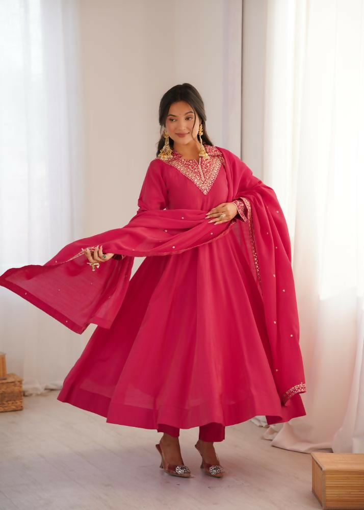 Lehenga Mart Designer Anarkali Suit With Kurta, Pant, Dupatta For Women-Rani Pink - Distacart