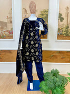 Vastranavya Blue Velvet Front Embroidery Work Kurta With Bottom & Dupatta - Distacart