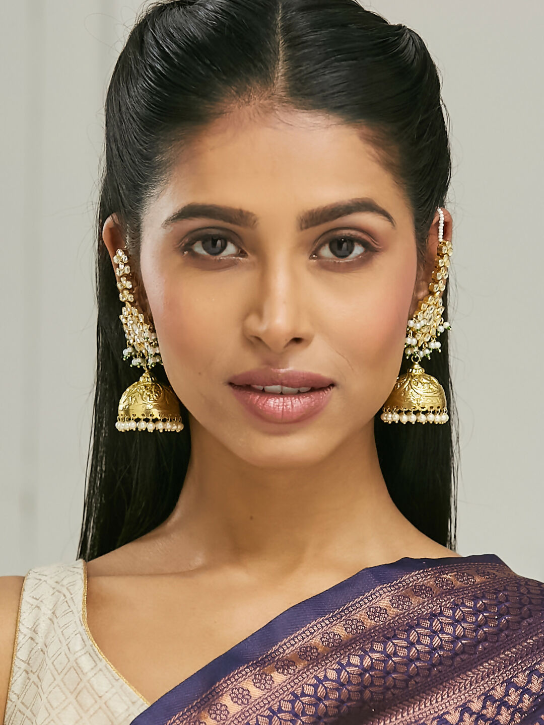 Nuyug 22K Gold-Plated Floral Jhumki Kundan Studded Kanauti Earrings - Distacart