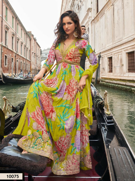 Anaita Mustard Chinon Silk Readymade Anarkali Suit with Embroidery Work