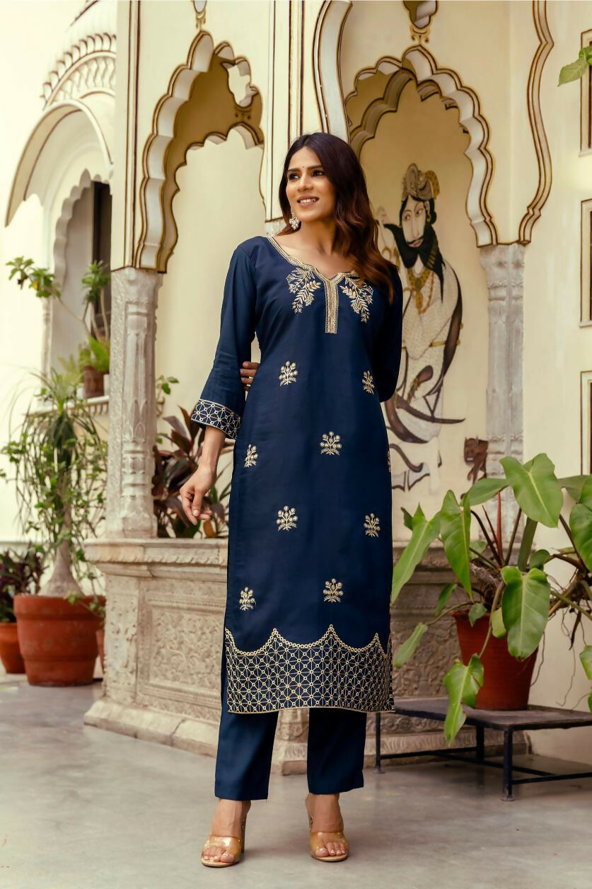 The52 Navy Blue Women's Beautiful Viscose Chanderi Fabric Thread Work Straight Kurta Pant and Dupatta Set - Distacart