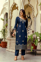 The52 Navy Blue Women's Beautiful Viscose Chanderi Fabric Thread Work Straight Kurta Pant and Dupatta Set - Distacart