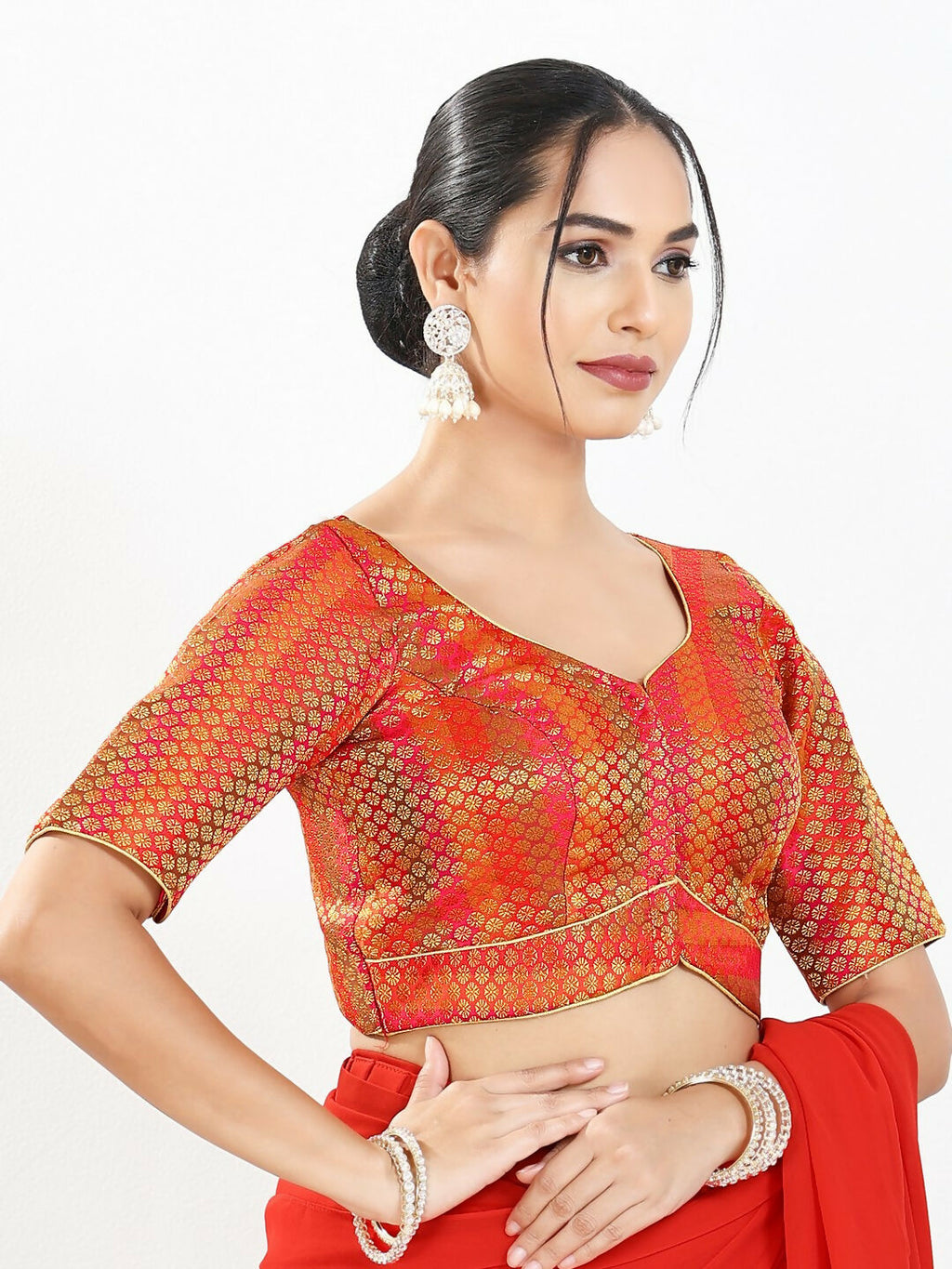 Joban Fashion Red Brocade Padded Blouse With Sweetheart Neck Elbow Sleeves - Distacart