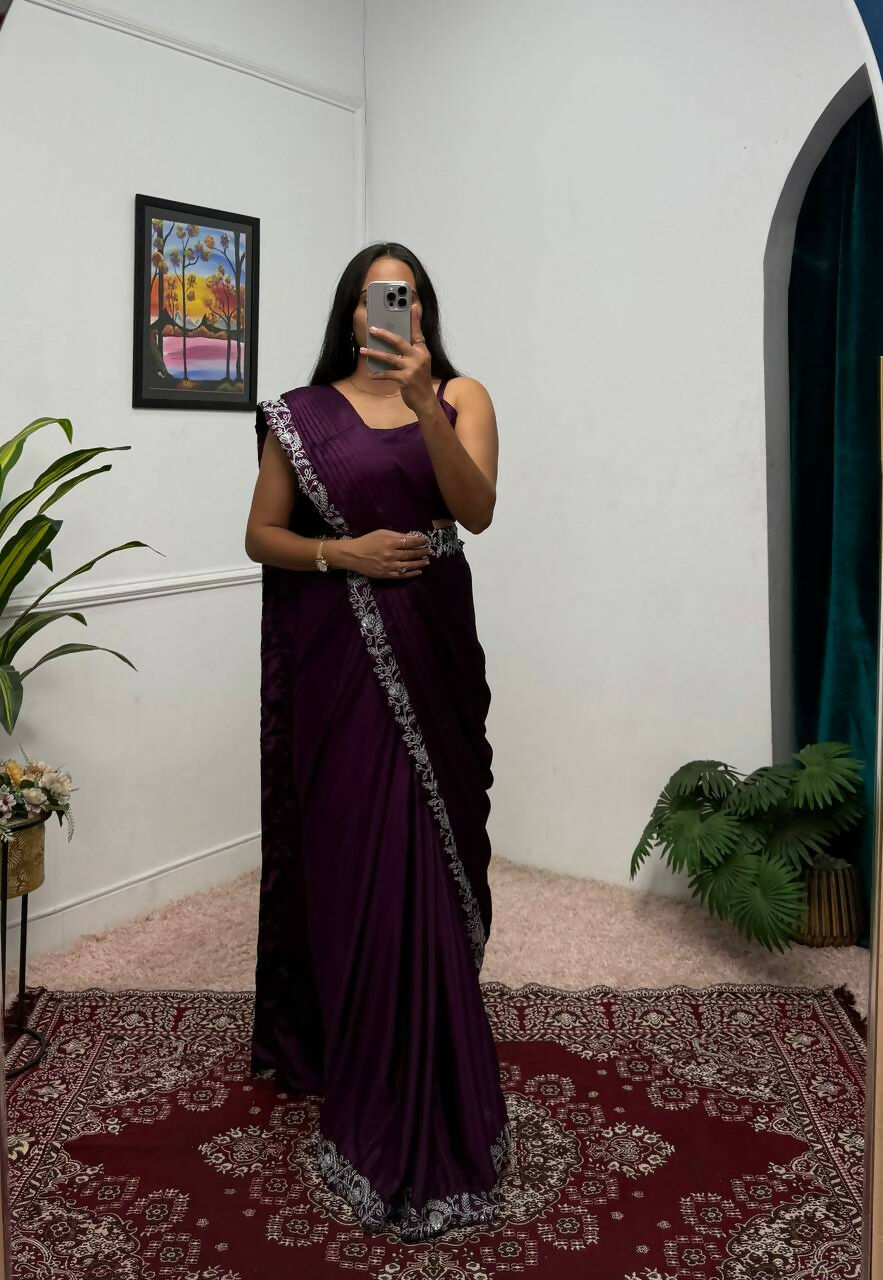 Teeya Creation Wine Color Chinon Silk Wedding Wear Ready To Wear Saree With Koti - Distacart
