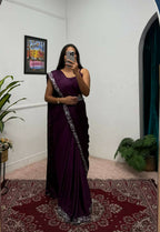 Teeya Creation Wine Color Chinon Silk Wedding Wear Ready To Wear Saree With Koti - Distacart