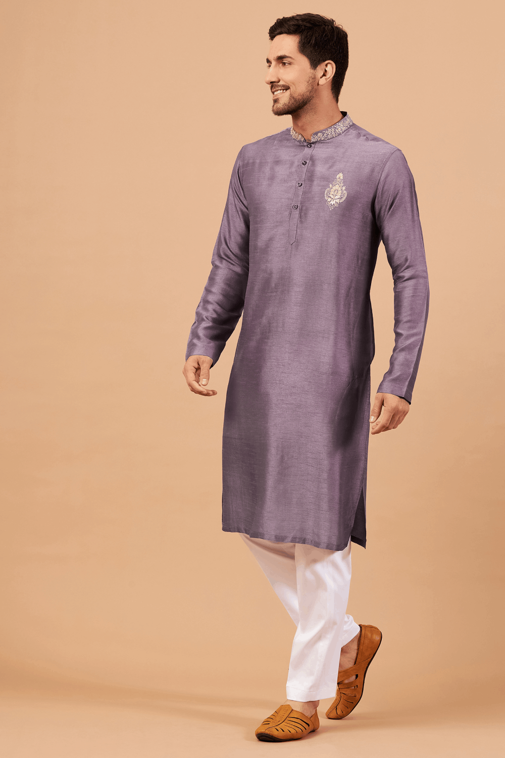 Inara Gold Embroidered Violet Kurta by Hilo Design
