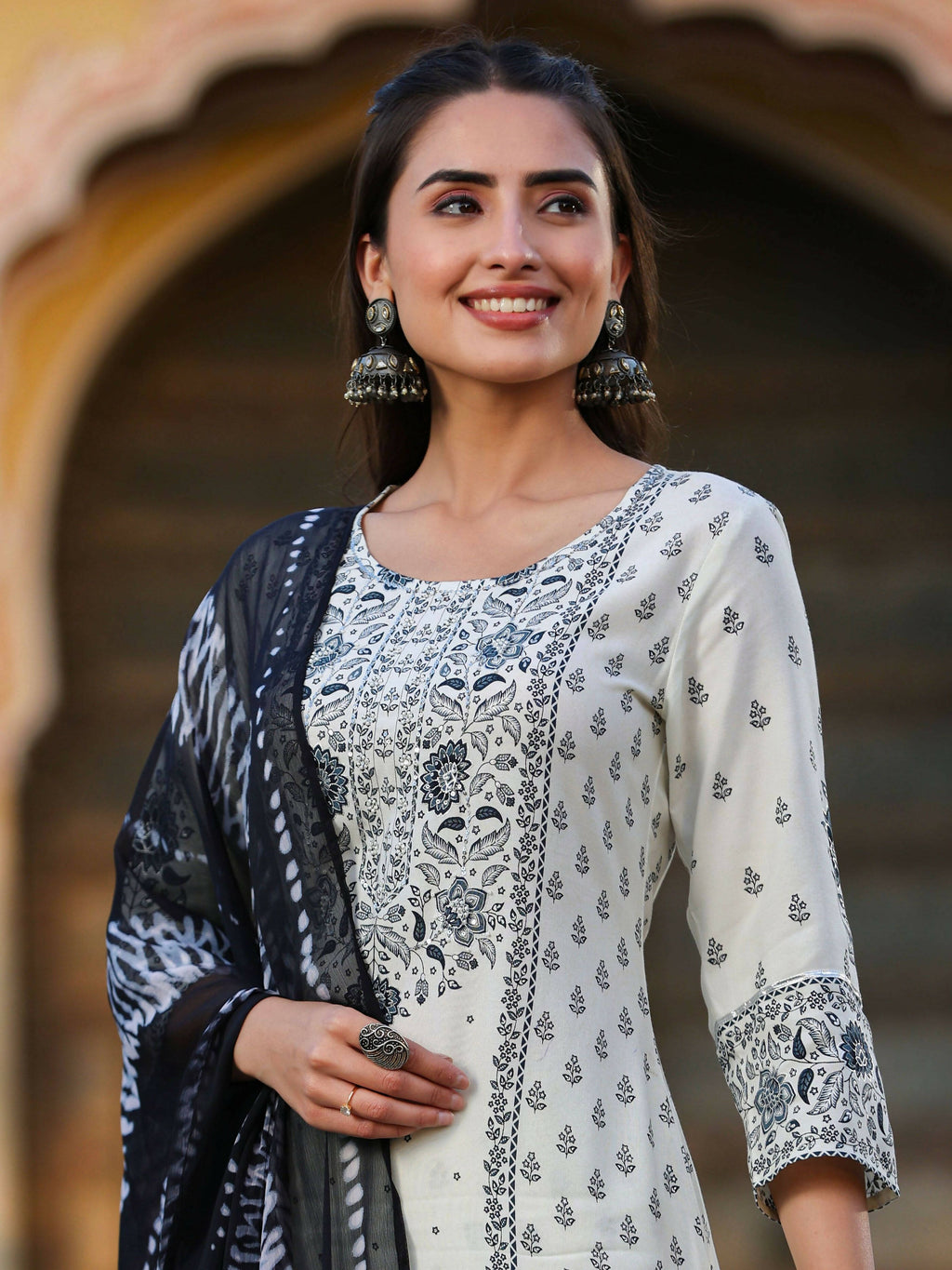 Juniper Women's Off White Rayon Floral Placement Kurta With Sharara And Dupatta Set - Distacart