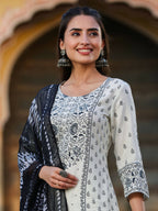 Juniper Women's Off White Rayon Floral Placement Kurta With Sharara And Dupatta Set - Distacart