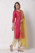 Myshka Women's Cotton Printed 3/4 Sleeve Round Neck Casual Dark Pink Kurta Pant Dupatta Set