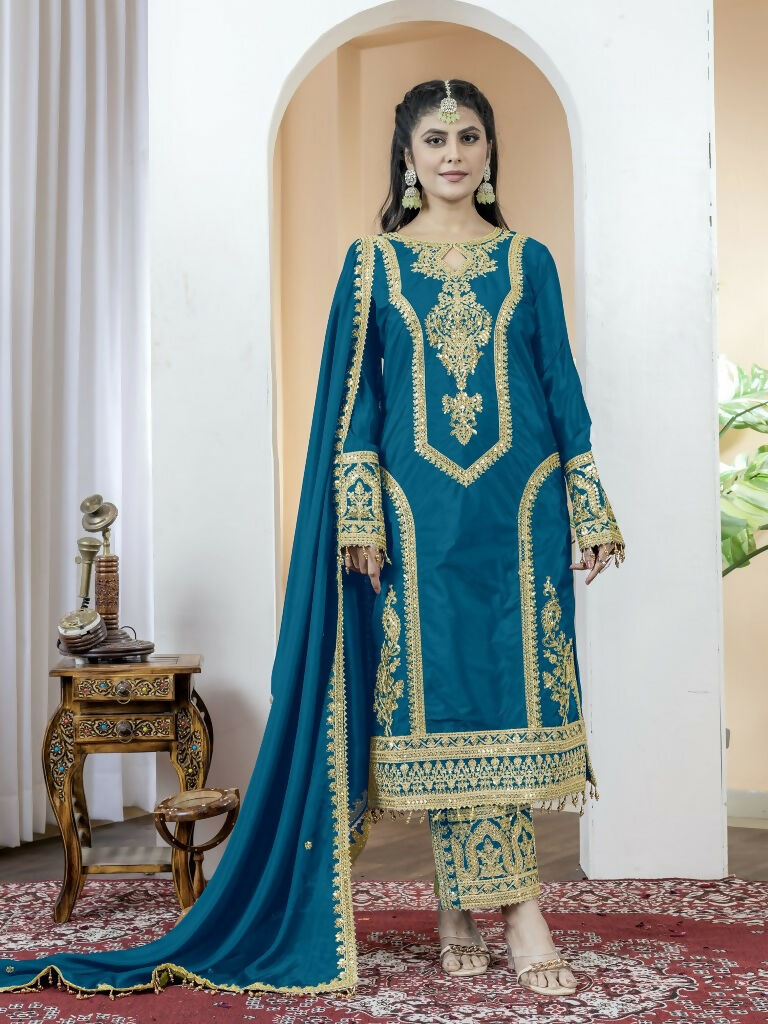 Teeya Creation Morepich Color Chinnon Silk Embroidery Work Fully Stitched Salwar Suit - Distacart