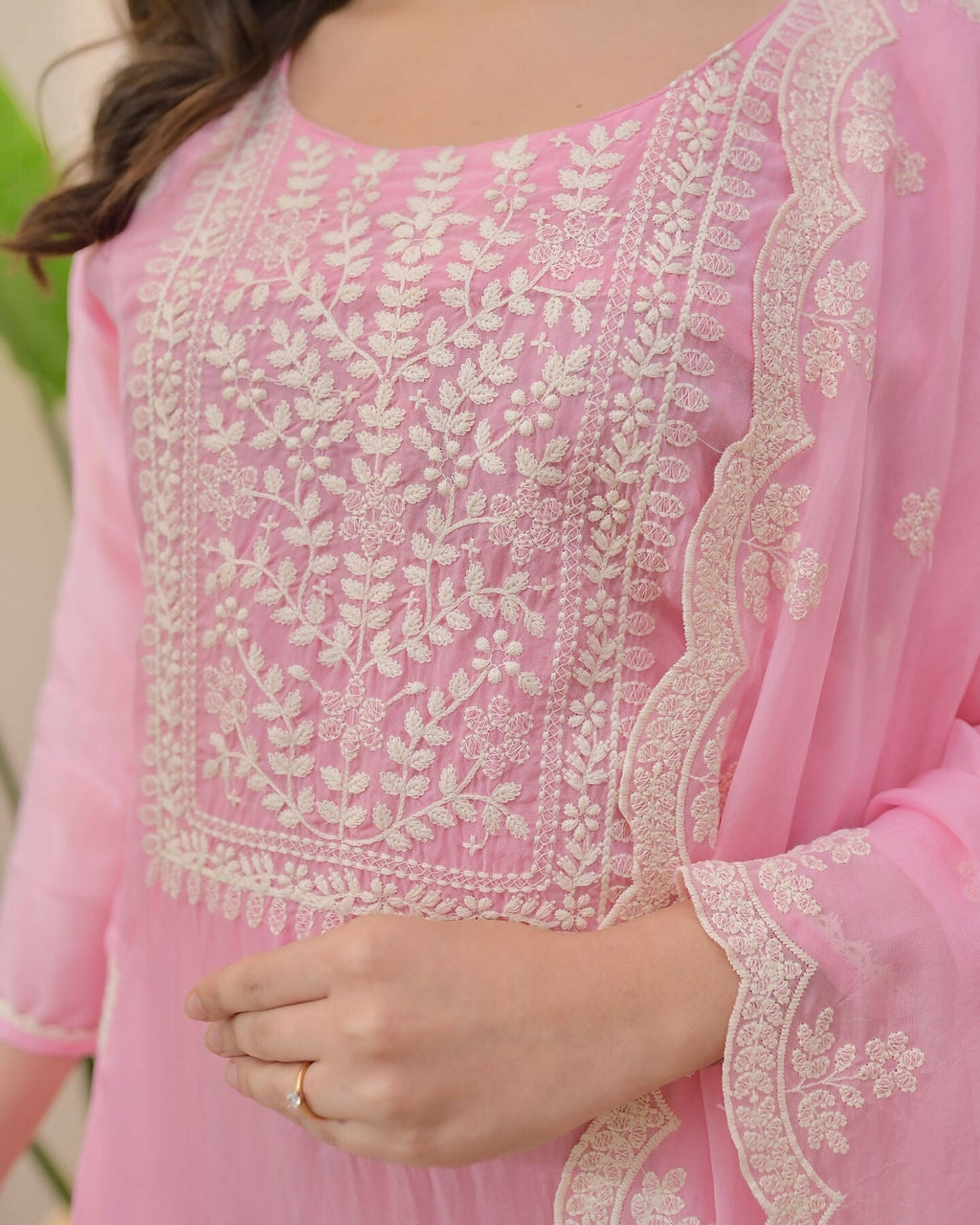 The52 Pink Women's Beautiful Chikankari Work Chanderi Fabric Straight Kurta Pant and Dupatta Set - Distacart