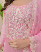 The52 Pink Women's Beautiful Chikankari Work Chanderi Fabric Straight Kurta Pant and Dupatta Set - Distacart