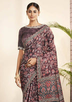 Purple Gajji Silk Floral Print with Hand work Border Saree - Norita Nirvi