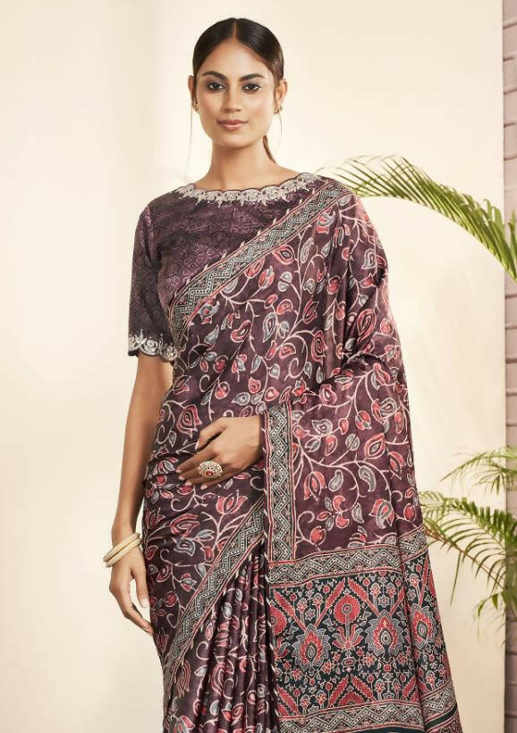Purple Gajji Silk Floral Print with Hand work Border Saree - Norita Nirvi