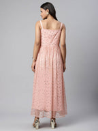 Ahalyaa Women Pink Net Gold Foil Print Dress - Distacart
