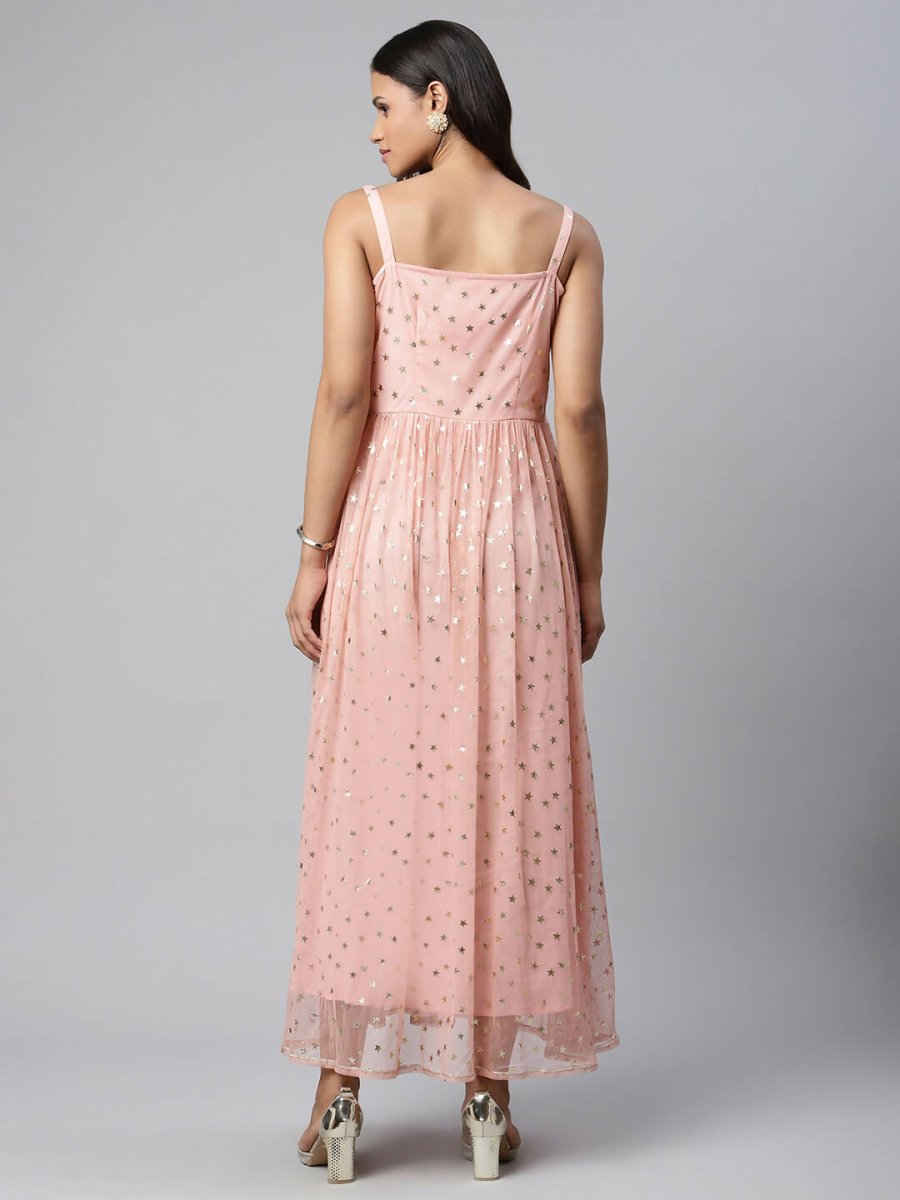 Ahalyaa Women Pink Net Gold Foil Print Dress - Distacart