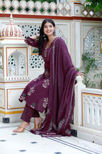 Miravan Women's Cotton Fabric Purple Kurta With Palazzo And Dupatta