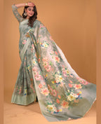 Green Cotton Silk Floral Printed Saree With Unstitched Blouse Piece - Akshita