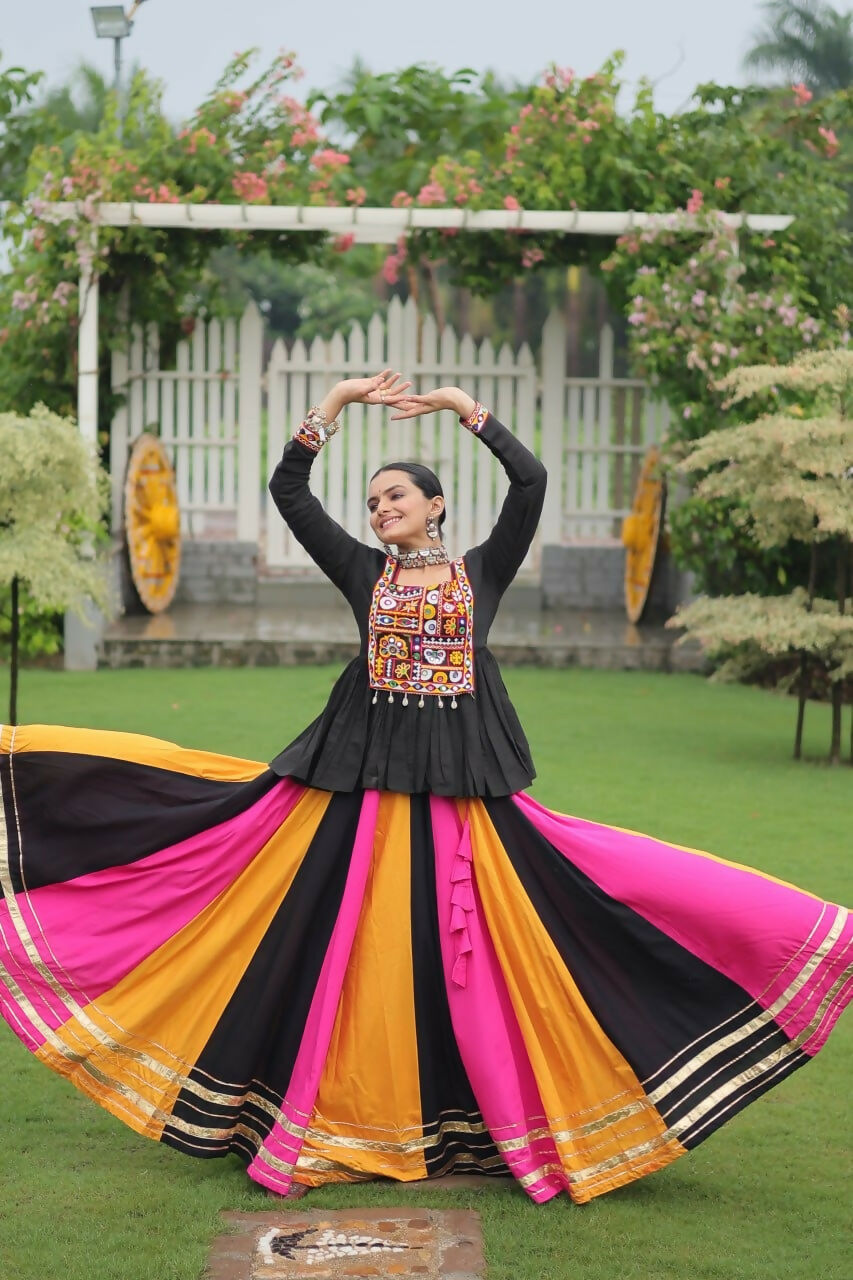 Teeya Creation Multi Colour Reyon Silk Gamathi Work Navratri lehenga Choli