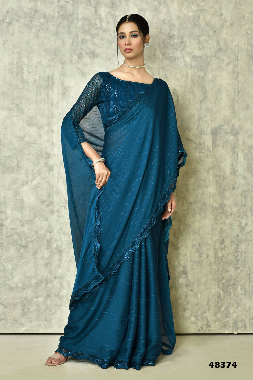 Blue Silk Stripe Saree With Blouse Piece - Purvi