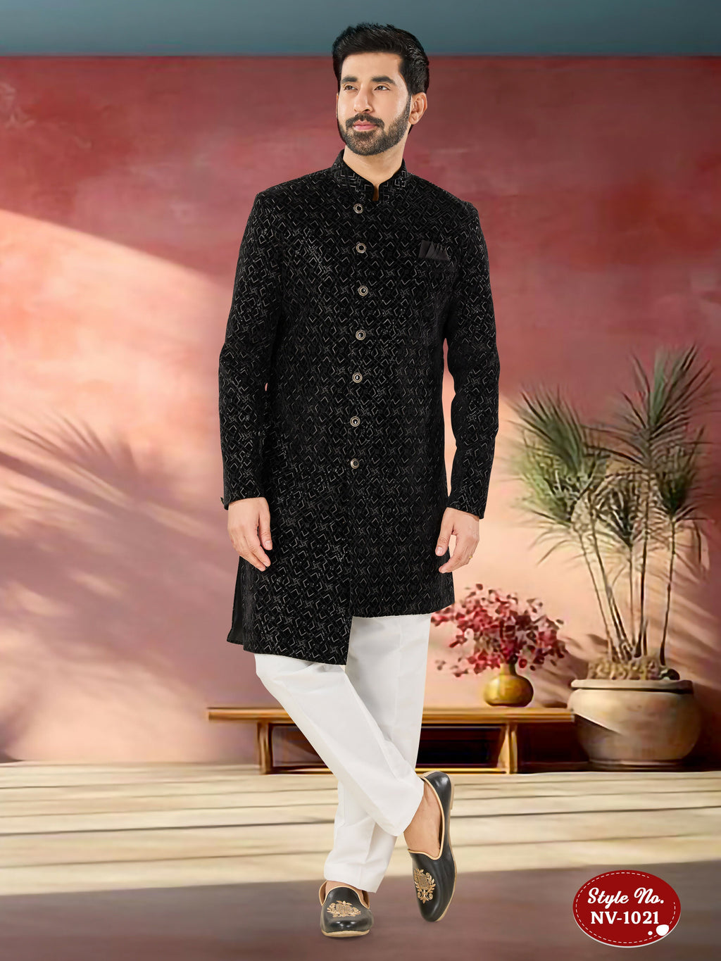 Joban Fashion Men's Black Base Straight Velvet Thread And Sequence Embroidary All Over Indo-Western Kurta Set