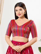Joban Fashion Pink Multi Brocade Padded Blouse With V Neck Elbow Sleeves - Distacart