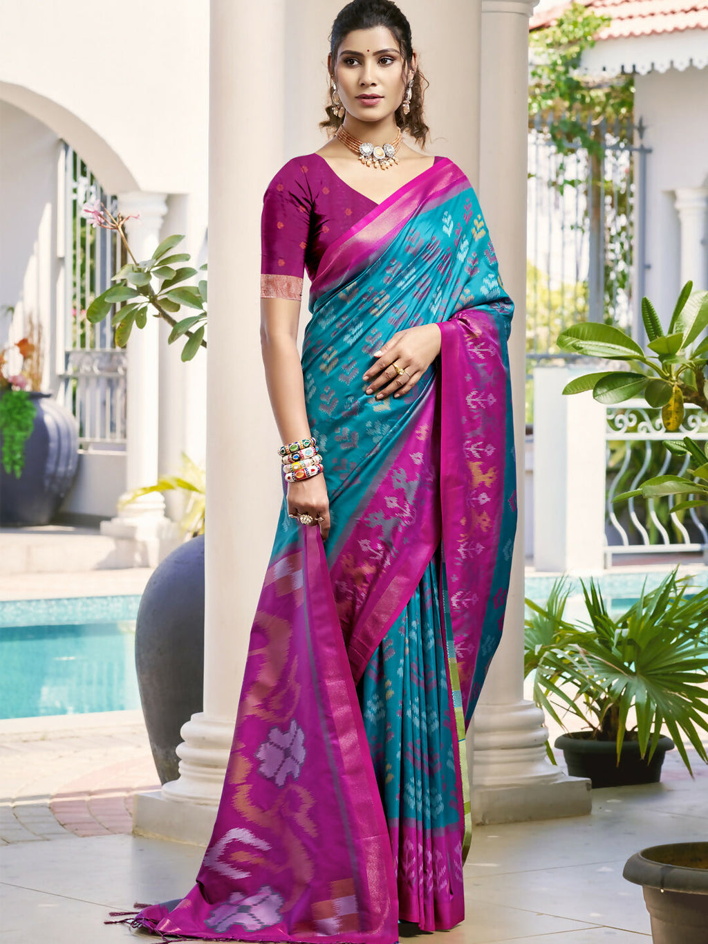 Shree Shyam Fashion Pochampalli Silk Sky Blue Saree - Distacart
