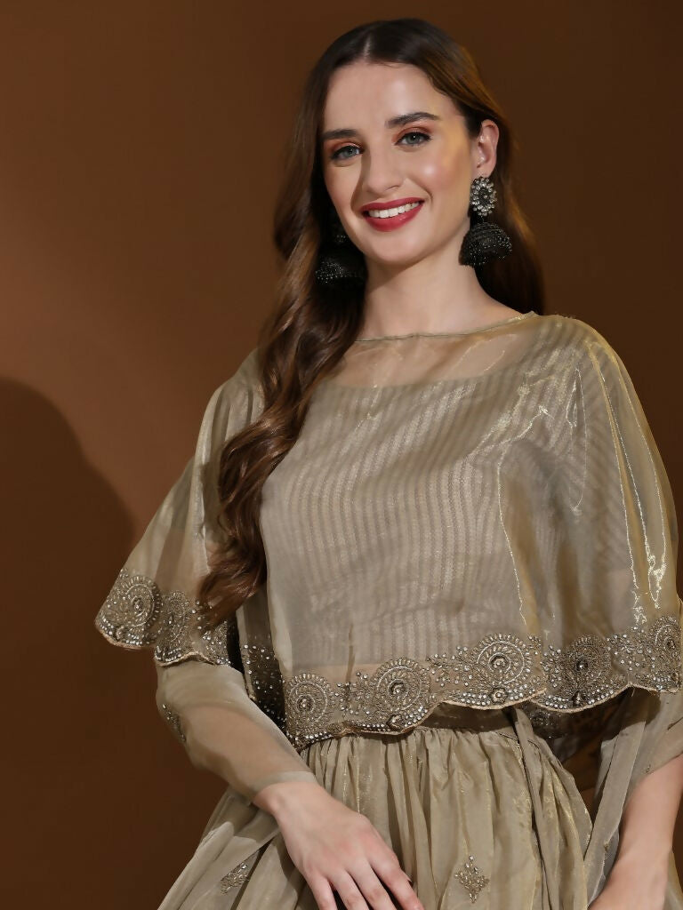 Green Silk Embroidered Poncho Pattern Top & Lehenga with Dupatta - Tanya