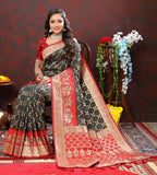 Vastranavya Black Soft Patola Silk With Meenakari Weaving Motifs And Rich Zari Weaving Pallu Saree With Matching Blouse Fabric