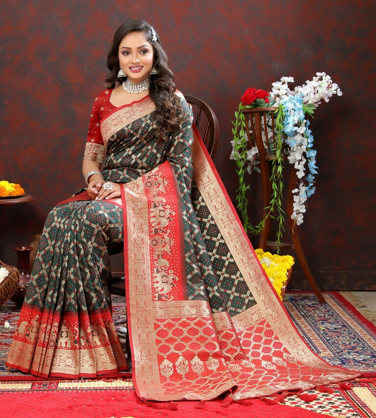 Vastranavya Black Soft Patola Silk With Meenakari Weaving Motifs And Rich Zari Weaving Pallu Saree With Matching Blouse Fabric