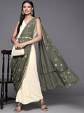 Ahalyaa Off White & Olive Green Ethnic Maxi Dress with Attached Dupatta - Distacart