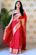 DEIANA'S Beautiful Designer Golden zari Soft Lichi Silk Saree - Red