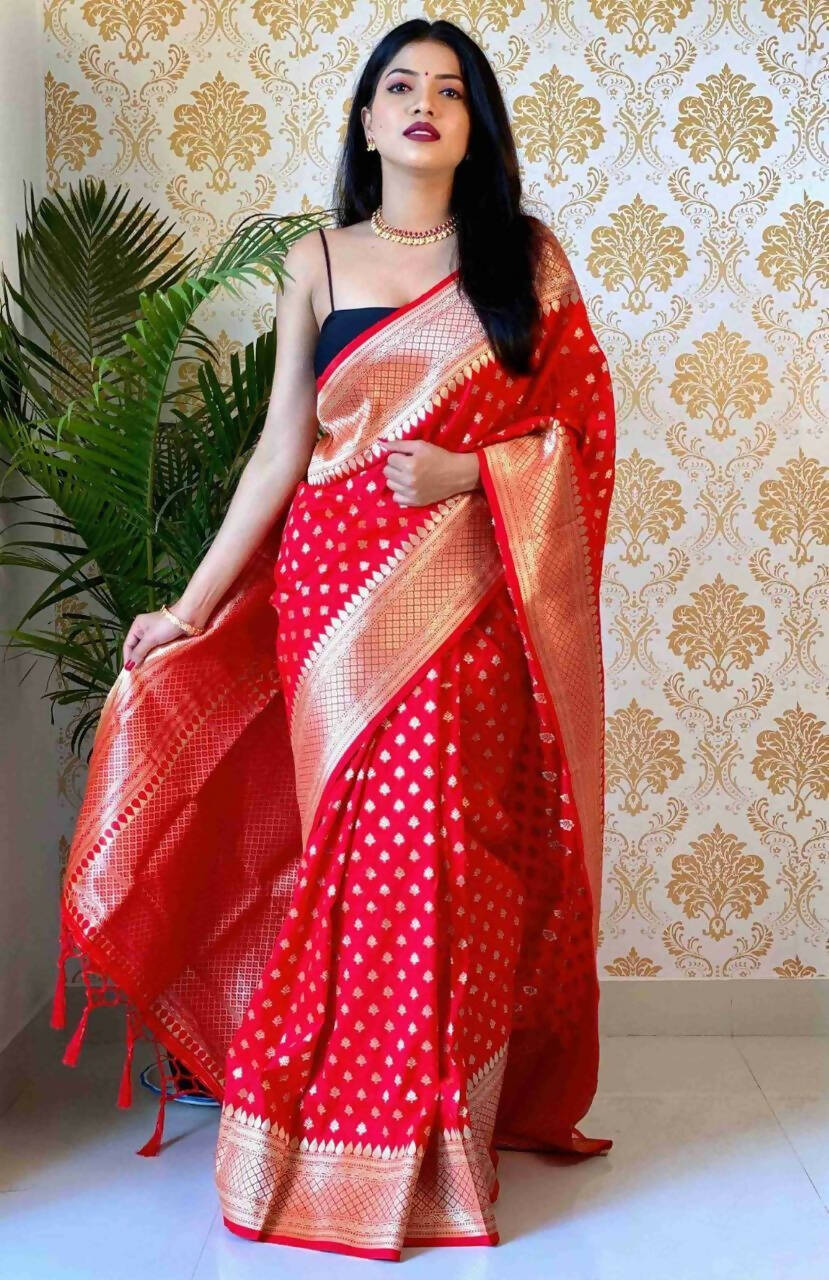 DEIANA'S Beautiful Designer Golden zari Soft Lichi Silk Saree - Red